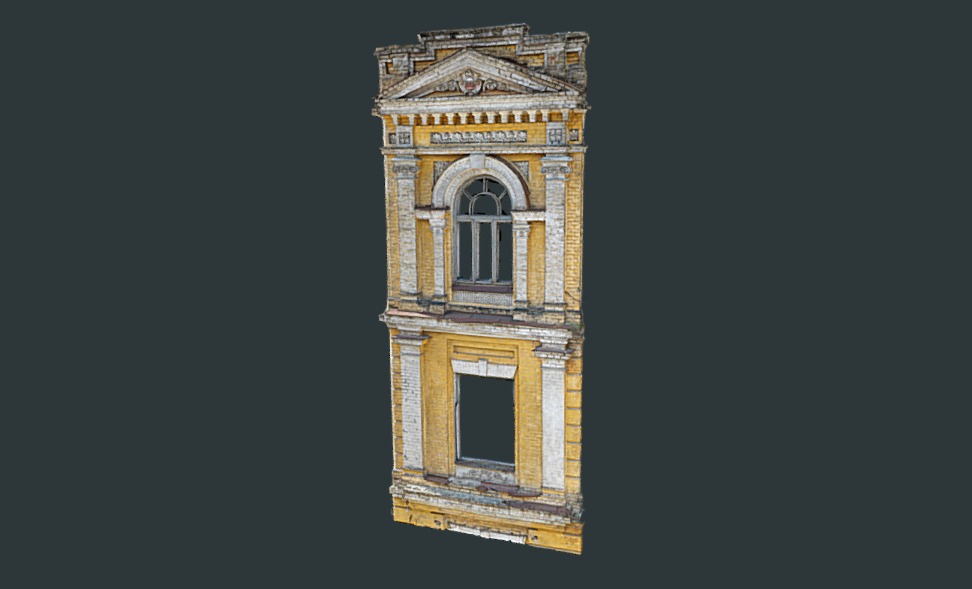3D модель Дому Сікорських. Фрагмент головного фасаду. Проміжний етап моделювання.